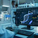 Cancer Spread Peaks Midlife Scientist analyzing DNA on computer in laboratory