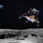 Lunar lander descends above the Moon with Earth in the background