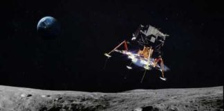 Lunar lander descends above the Moon with Earth in the background