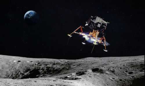 shutterstock_1455490436 Lunar lander descends above the Moon with Earth in the background