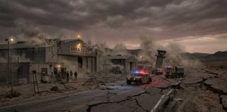 Viral Area 51 Clip Sparks Secret Aircraft Speculation Damaged military base with emergency vehicles and a cracked road