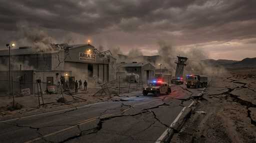 shutterstock_2748019139-1 Damaged military base with emergency vehicles and a cracked road