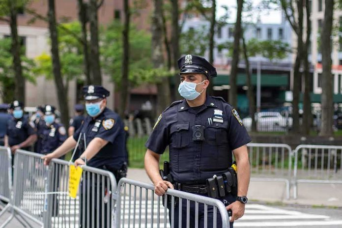 shutterstock_1749811934 Police officers in masks standing by metal barricades outdoors