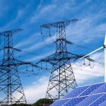 Power lines with wind turbine and solar panels