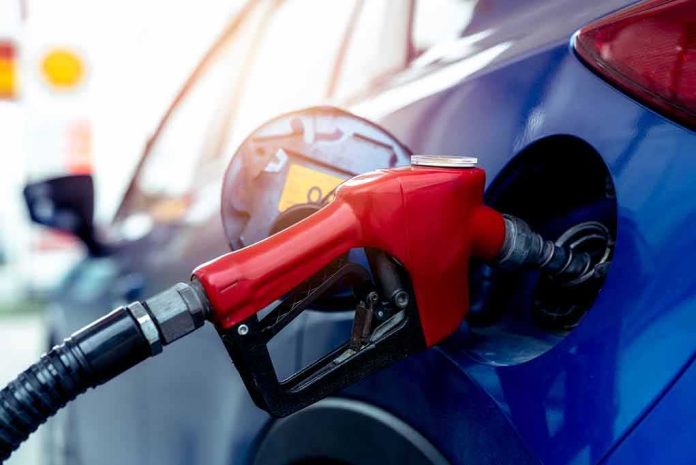 shutterstock_1810036957 Red gasoline nozzle fueling a blue car