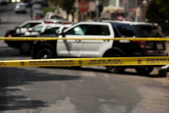 shutterstock_1980603047-1 Police tape cordoning off street with patrol SUVs behind
