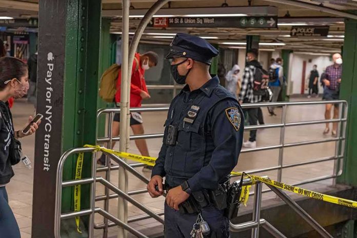 shutterstock_2063809631 Police officer stands in a subway station near caution tape