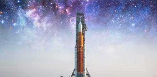 Rocket on launch pad under starry sky