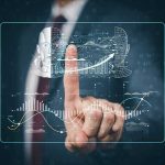 AI Convenience, Human Control Lost Businessperson touching virtual AI and data analytics interface