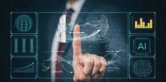 AI Convenience, Human Control Lost Businessperson touching virtual AI and data analytics interface
