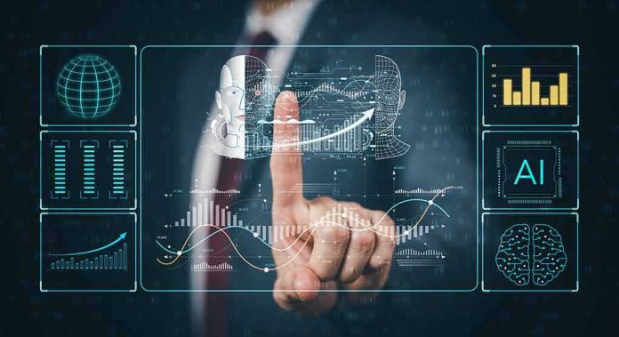 shutterstock_2281173377 Businessperson touching virtual AI and data analytics interface