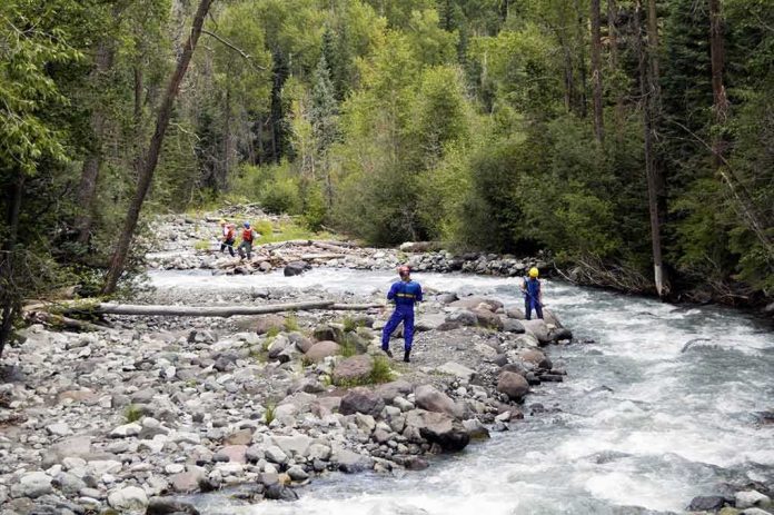 Rescue workers in helmets standing along a fast-flowing forest river