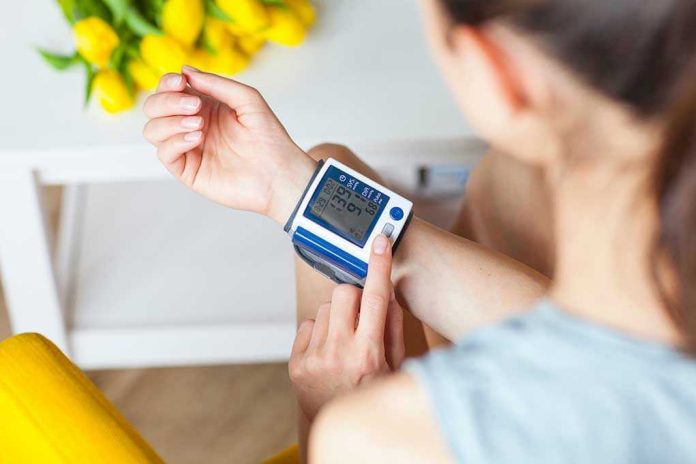 1078631948 Person checking wrist blood pressure monitor indoors