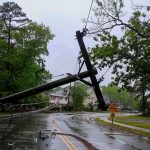 Long Beach Declares Emergency Ahead of Polo Fallen utility poles blocking a wet suburban street
