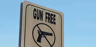 Gun-free school zone sign with crossed-out handgun symbol