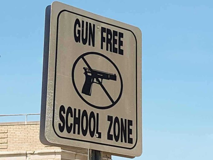 Gun-free school zone sign with crossed-out handgun symbol