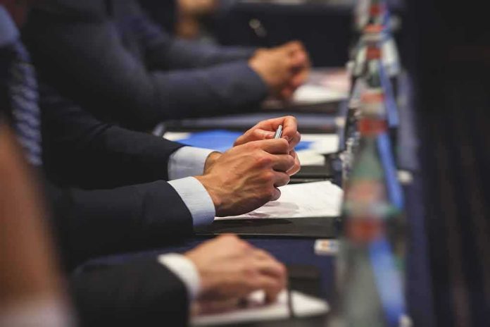 Hands of people in suits taking notes at a conference table