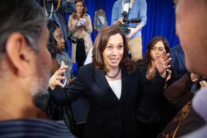 shutterstock_1380838391 Kamala Harris speaks to a crowd as Maya Harris stands nearby