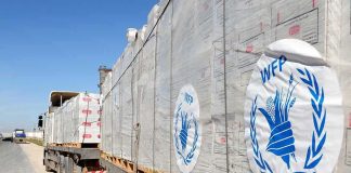 Humanitarian aid trucks loaded with palletized supplies