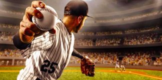 Final Pitch, Emotional Goodbye Baseball pitcher winding up to throw in a packed stadium