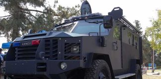 An armored Lenco BearCat vehicle displayed outdoors