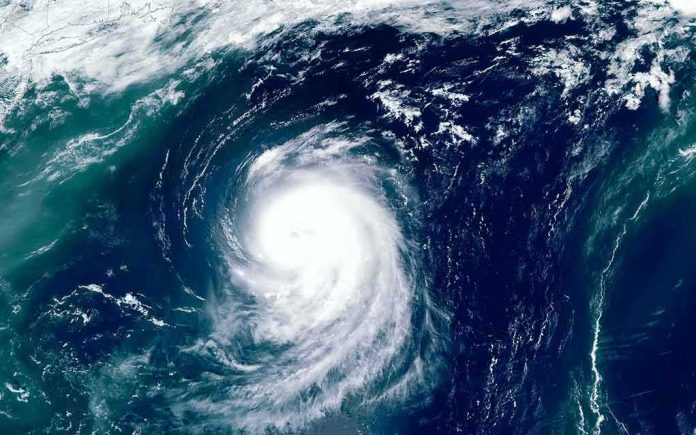Satellite view of a powerful hurricane swirling over the ocean