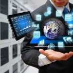 Experts Debate Control Risks Businessperson holding a digital tablet with floating data icons