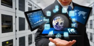 Experts Debate Control Risks Businessperson holding a digital tablet with floating data icons