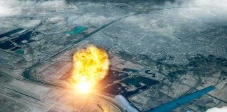 Epic Fury Targets Iran’s Guard in Major U.S. Strike military drone launching missile over cityscape