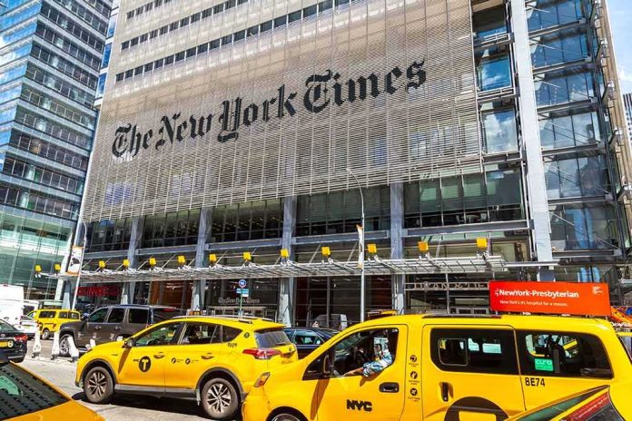 New York Times building with yellow taxis in front