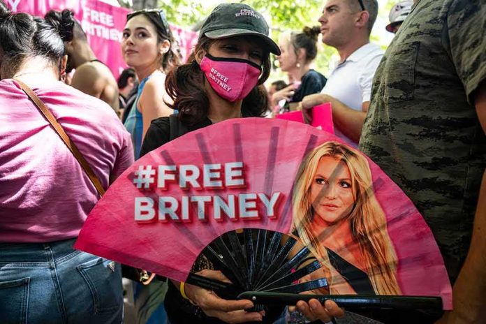 Protester holding a pink fan with a slogan in a crowded rally
