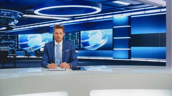 shutterstock_2169481567 News anchor at a modern television studio desk