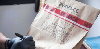 Prosecutors Detail Backpack Evidence Gloved hands labeling a sealed evidence bag