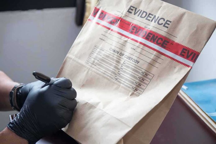 shutterstock_431385100-1 Gloved hands labeling a sealed evidence bag