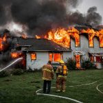 Firefighters battling a house engulfed in flames