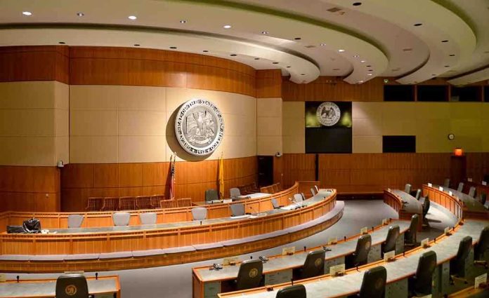 shutterstock_190351604-2 Interior view of a government chamber with wooden paneling and seating