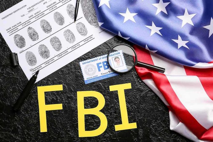shutterstock_2202034347-2 FBI letters with fingerprint sheet, badge, magnifying glass, and US flag