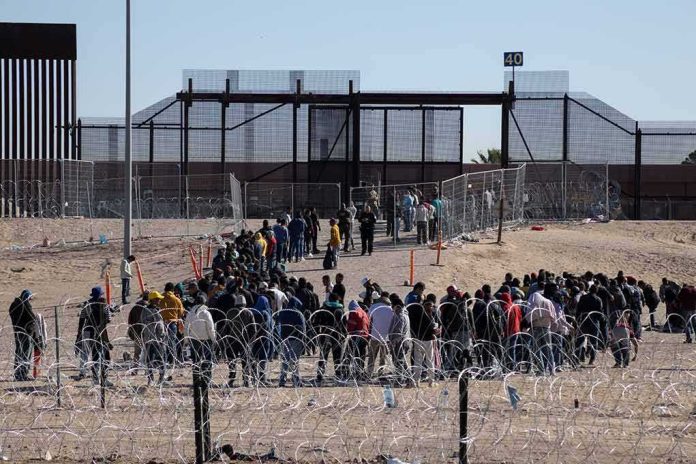 shutterstock_2307918121 Crowd of people lining up near a border fence with barbed wire