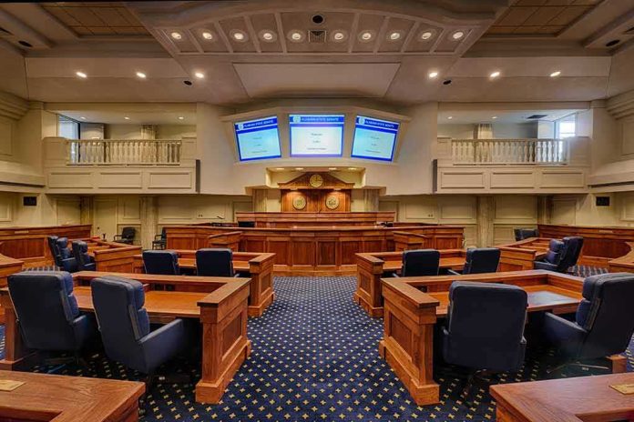 shutterstock_242072563-1 Courtroom interior with wooden benches and judge's bench
