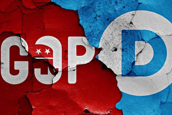 Political party symbols on cracked red and blue wall