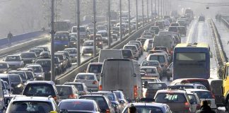 Heavy traffic jam on multi-lane city bridge
