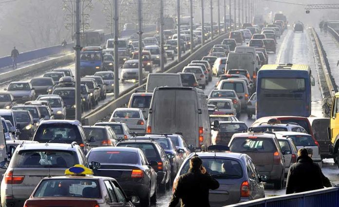 Heavy traffic jam on multi-lane city bridge